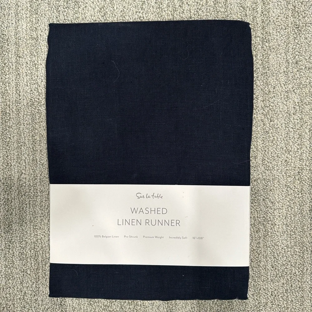 NWT Sur La Table washed linen runner, navy, 16” x 108”